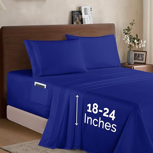 Elegant Comfort Luxury 1500 Premium Hotel Quality Microfiber 4-Piece Sheet Set- Soft, All Around Elastic 18-24 Inches Deep Fitted Sheet - Extra Deep Pocket Sheets, Queen, Royal Blue