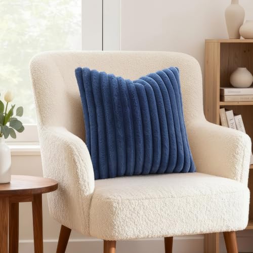 Image of decorUhome Fall Cozy Faux Fur Throw Pillow Covers 22x22 Set of 2 Decorative Soft Plush Striped Coastal Modern Farmhouse Boho Couch Euro Sham Pillow Cases with Velvet Back for Sofa Bed, Blue