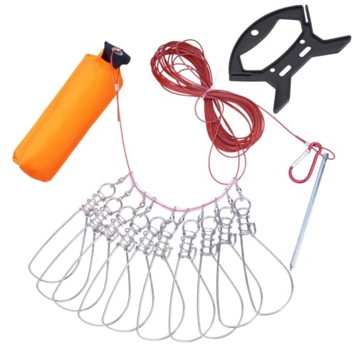 Fishing Stringer Live Fish Lock Stainless Steel Fish Stringer Clip Big Fish Wire Rope Cable with Float Carabiner 10 PCS Fish Lock and Plastic Handle