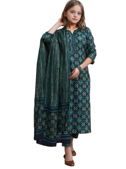Image of Girls Printed Pure Cotton Kurta Pant with Dupatta