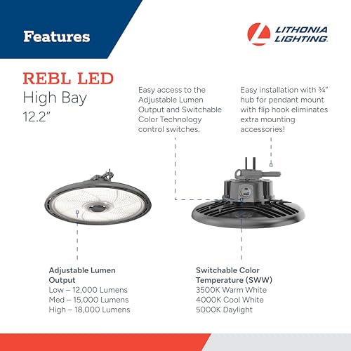 Image of Lithonia Lighting REBL Round High Bay LED Light, 12,000 /15,000 /18,000 Adjustable Lumen Output, 3500K /4000K /5000K Switchable White Color Temperature, Work Light, UVOLT 120-347V, 12.2 inch x 7.5 inch, Bronze