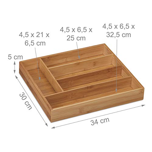 Relaxdays Cutlery Tray, 5 Compartments, Bamboo, 5 x 30 x 34 cm, Kitchen Drawer Insert for Silverware & Utensils, Natural - Image 4