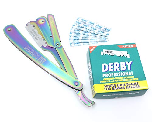 Professional Multi Titanium Colour Straight Edge Shaving Razors, with Green Platinum Derby 100 Count Blades-Easy Blades Replacement Mechanism-100% Stainless Steel Macs-144MTB1