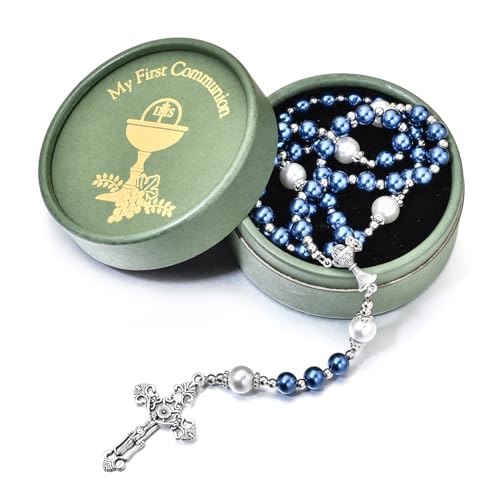 Merroyal First Communion Rosary with Glass Pearl Beads Ornate Crucifix and Chalice Centerpiece 18.5 Inches Gift Box and Satin Bag Included (Royal Blue and White Sliver)