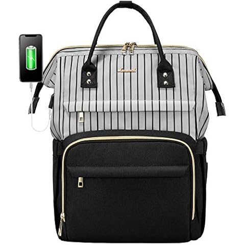 Laptop Backpack Women Teacher Backpack Nurse Bags, 15.6 Inch Womens Work Backpack Purse Waterproof Anti-theft Travel Back Pack with USB Port (Black-Pinstripe) Cover