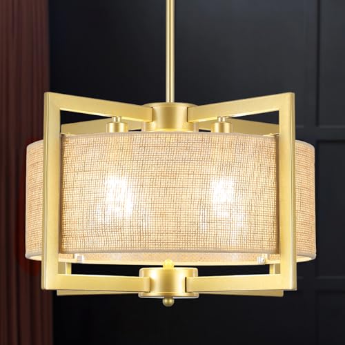 KOSTOMO Gold Chandelier 4-Lights Farmhouse Chandelier for Dining Room Light Fixture Rustic Drum Chandeliers Adjustable Kitchen Island Lighting for Living Room Foyer Bedroom Entryway Ceiling Light