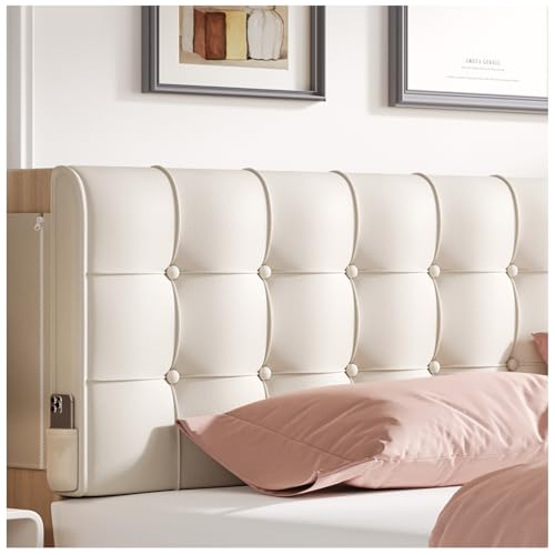 Beige Wall Mount Headboard Cushion Head Boards for California King Size Bed Upholstered Peel and Stick Headboard Vintage Linen Tufted Backrest Washable Zipper Pocket No Tools Boho Bedroom Panel