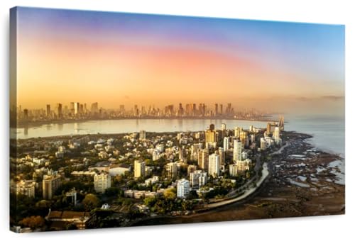 ElephantStock - Mumbai City Skyline Aerial Wall Art - Horizontal Canvas Wall Art - Living Room Wall Decor - Photography Places Canvas Art - Orange And Brown Decor - 12" x 8"