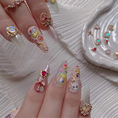 New 5D Embossed Anime Nail Art Sticker Decals Children Princess Cartoon Anime Moon Hare Anime Nail Art Sticker 2 Sheets + 4 Pcs 3D Diamond Nail Art Accessories For Nail Art Decoration #TOP3