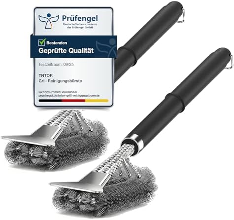 [2 pack]Grillbürste, TNTOR Grill Reinigungsbürste mit Extra Langer Edelstahl Borsten, Edelstahl Spatel und PP Wärmedämmung Griff, für Gasgrill, Holzkohlegrill, Kugelgrill, Elektrog