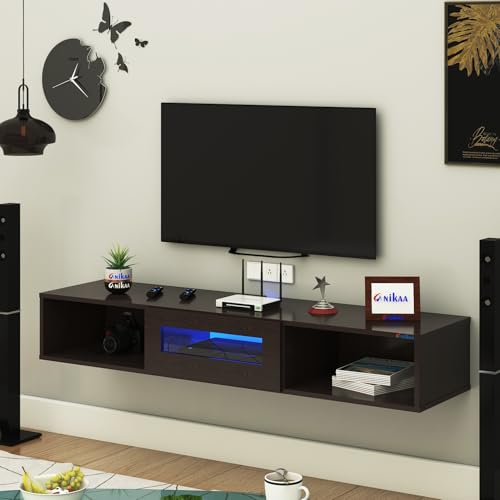 Image of Anikaa Novus Wall Mount Modern Floating TV Unit for Living Room with Open Shelf Storage Cabinet & Middle Cabinet Blue LED Light (Ideal for 32 to 55 inch TV, DIY Installation, Wenge Finish)