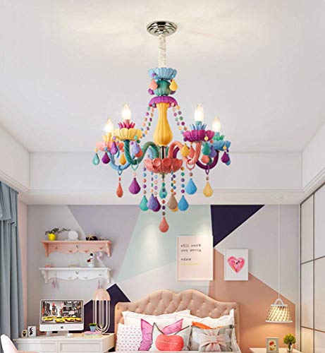 LAKIQ Colorful Crystal Hanging Chandelier Light Fixture 6 Lights European Girls Room Pendant Ceiling Lighting Candle Chandelier for Girls Bedroom Living Room Dining Room Coffee Shop (Style B)