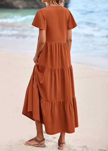 Image of KIRUNDO Summer Maxi Dresses for Women 2026 | Spring Fashion Short Sleeve Tiered Flowy Dress, Button V Neck, Pleated, Loose Fitting, Nursing & Bump Friendly, With Pockets