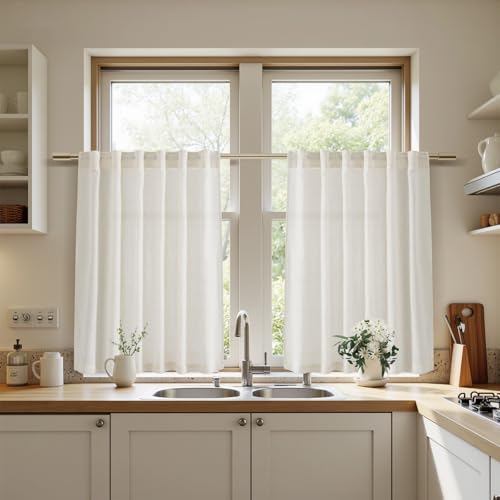 Image of Nanspring Cream Short Linen Kitchen Curtains 36 Inch Length,Over Sink Light Filtering Semi Sheer Curtains Back Tab and Rod Pocket Drapes for Basement Bathroom Window, 2 Panels 42 x 36 Inch