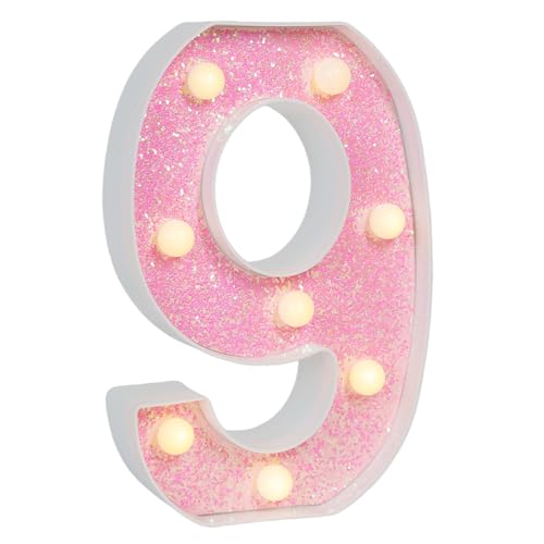 Image of Pink Glitter Marquee Light Up Numbers, LED Number Lights Battery Operated for Girls 9th 19th Pink Birthday Party Table Decorations, Wall Decor for Girls Bedroom, Number 9 Sign Warm White Lights