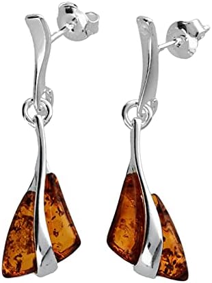 Cognac Amber Sterling Silver Earrings - Unusual Art Deco Amber Fancy Dangly/Dangle Drop for Women/Teenage/Girls - 925 Sterling Silver - Amber Jewellery 070432