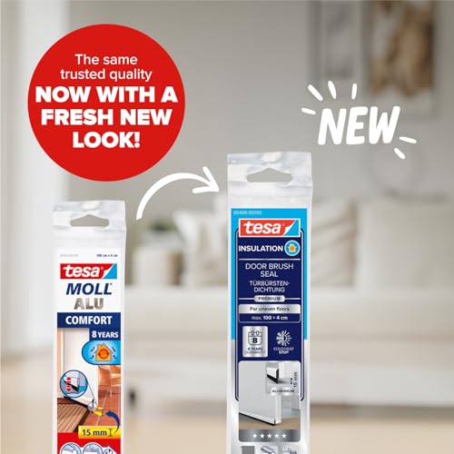 tesa INSULATION Premium Türdichtschiene für unebene Böden - Selbstklebende Alu-Türdichtung zum Schutz vor Zugluft - Weiß - mit Bürstendichtung bis 15 mm