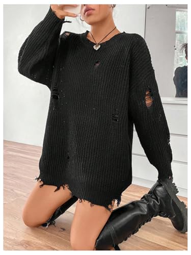 SHENHE Women's Sweater Top Ripped Drop Shoulder Round Neck Long Sleeve Loose Casual Sweater Pullovers3