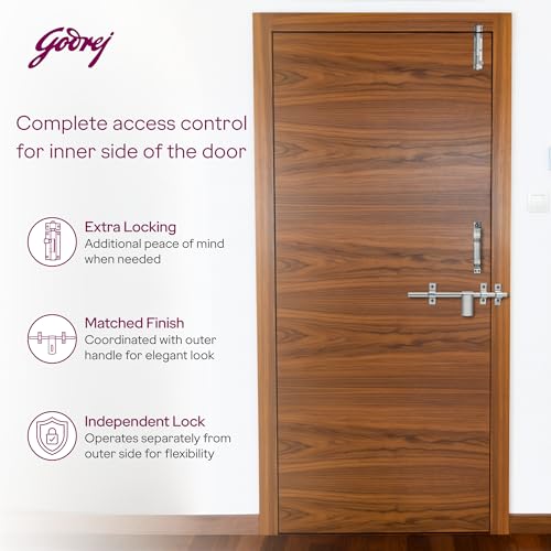 Image of Godrej Door Fittings |SS Door Kit | 2N Handle, 2N Aldrop, Tower Bolt, Rubber Door Stopper | Glossy Finish, Heavy Duty Anti-Rust | Main Doors & Internal Doors, Bedroom | Screws are Included