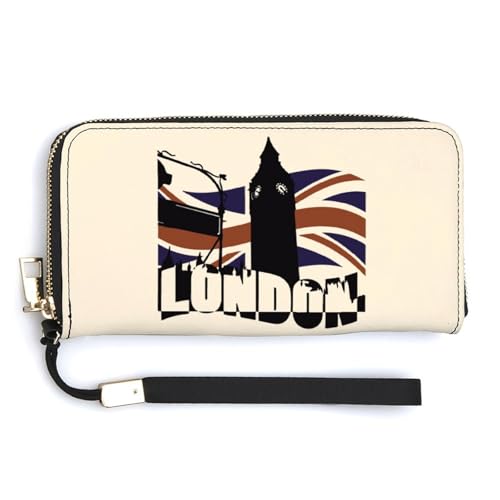 London UK Flag Leather Wallet Fashion Bifold Purse Long Pouch with Wrist Strap for Men Women
