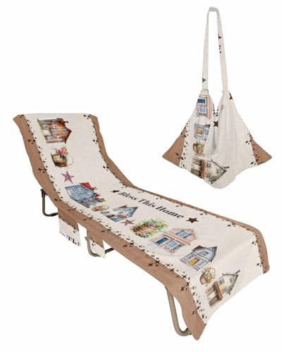 Brown Beach Chair Cover with Side Pockets, Microfiber & Quick Dry Pool Chaise Lounge Chair Towels Covers for Sun Sunbathing Patio Garden Hotel, Country Barn Star Vintage Floral Watercolor House