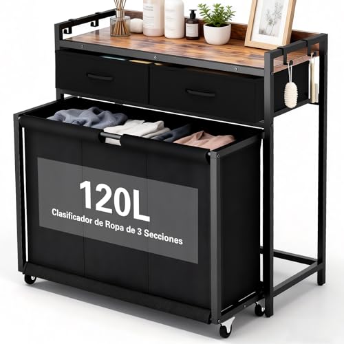 La Mejor Selección de centro de lavado walmart - los más vendidos. 41 Cesto de Ropa con Ruedas 120L, 3 Compartimentos con Tapa y 2 Cajones,Carrito de Lavandería Organizador, Separador de Ropa Sucia, Mueble Multiusos para Baño, Dormitorio y...