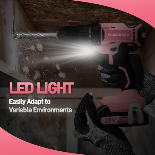 Image of COMOWARE Cordless Drill Set, 20V Pink Power Drill Set for Women, 1 Battery & Charger, 3 /8 inch Keyless Chuck, 2 Variable Speed, 266 In-lb Torque, 25+1 Position, with Pink Storage Bag