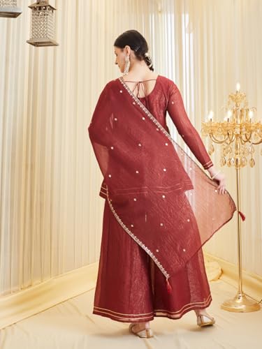 Image of MOKOSH Women's Silk Embroidery Peplum Kurta Sharara with Dupatta | Anarkali Kurta Set | Sweetheart Neck Full Sleeve Ethnic Suit | 3 Piece Outfit | Indian Kurta Outfit With Sharara