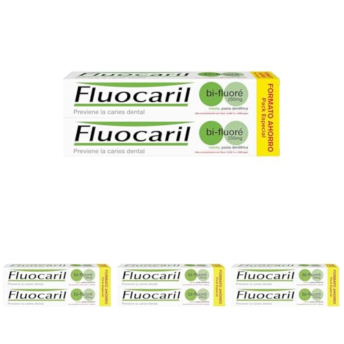 Fluocaril Bi-Fluoré 250 mg Pasta Dentrífica Anticaries Sabor Menta Previene la caries dental, Protege el esmalte, Eficacia Clínicamente Probada Pack de 2x125 ml (Paquete de 4)
