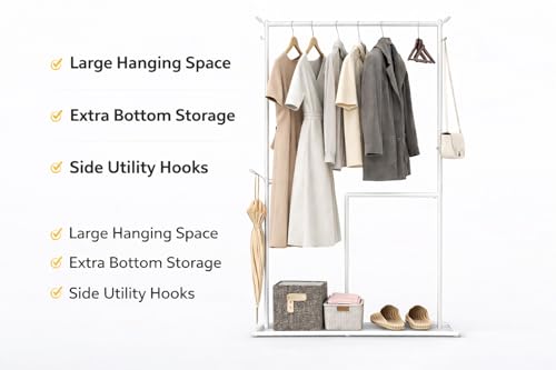Image of Raawan Heavy Duty Double Rod Clothes Rack with Side Storage Shelves | Metal Garment Stand Organizer | Space Saving Cloth Hanger Stand for Bedroom, Living Room & PG (1 LAYER SM WHITE)