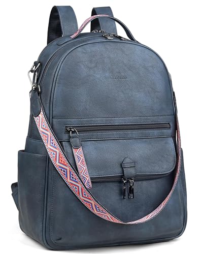 FADEON 15.6 inch Leather Laptop Backpack Purse for Women, Designer Travel PU Backpack with Laptop Compartment for Work Blue