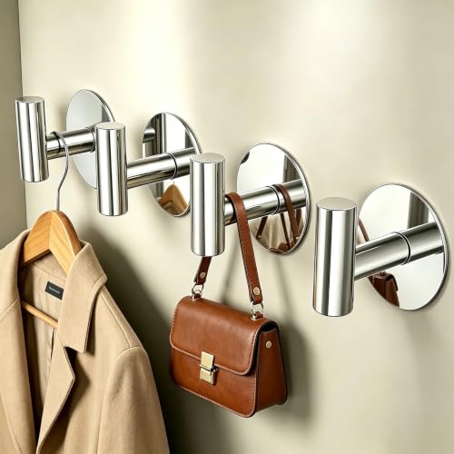 Image of Heavy Duty Adhesive Hooks, Stainless Steel Towel Hooks for Bags, Towels, Robes, Hats, Aprons - No Drill Bathroom, Kitchen, Hotel Wall Hooks (Chrome, 4 Pack)