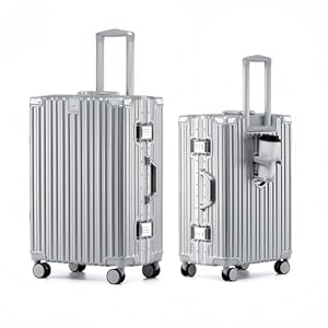 yuweijie Alu-Rahmen Handgepäck Koffer mit 4 Rollen · Hartschalen in 100% PC mit Getränkehalter · Reisekoffer TSA Schloss · Trolley für Geschäftsreisen · Silber · S-55cm
