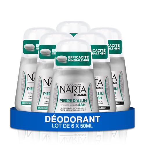 Narta - Déodorant Homme Bille - Pierre d'Alun Efficacité Minérale 48h Sans Alcool - lot de 6 x 50ml