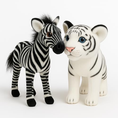 Image of Zebra & White Tiger Soft Toy Combo | 25cm Realistic Plush Animals for Kids | Stuffed Animal Gift Set for Boys & Girls | Birthday Gift & Home Decor