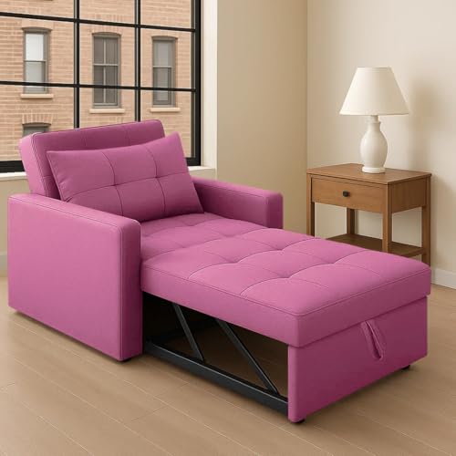 Image of CASASTYLE Trissa 1 Seater Pull-Out Premium Fabric Sofa Cum Bed Sofa Set for Living Room (Pink Fabric)