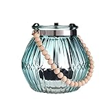 Diamond Star Glass Candle Lantern Decorative Candle Holder Outdoor Table Lantern with Wooden Bead Handle (Blue)