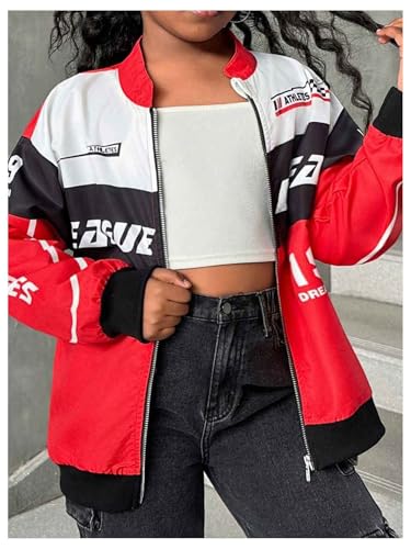 WDIRARA Girl's Color Block Zip Up Bomber Jacket Letter Graphic Long Sleeve Outerwear2