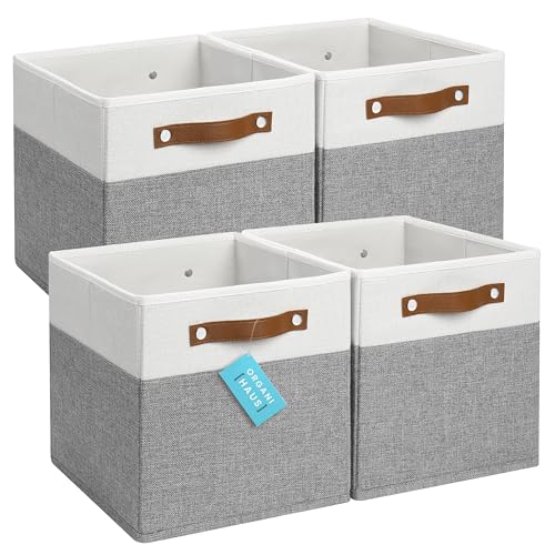 OrganiHaus 11×11 Fabric Cubes Storage Bins Set of 4, Foldable Collapsible Fabric Storage Bins for Organizer, Cubbies Organizer for Kallax, Linen Cube Shelf Baskets, Toy Organizing boxes – Grey/White
