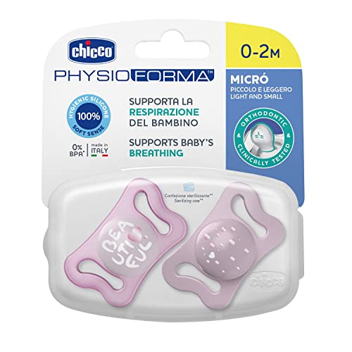 Chicco PhysioForma Micrò, Sucette pour Nouveau-né, Légère avec Mini Tétine, Forme Ergonomique, Soutient la Respiration Physiologique et le bon développement de la Bouche, 2 Pièces, Rose/Violet
