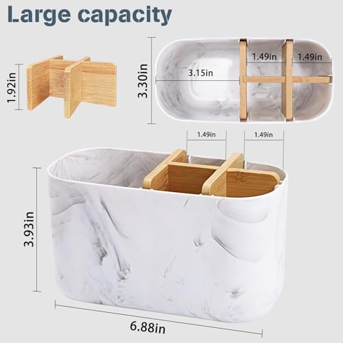 Image of Panchhi Store Tooth Brush Holder for Bathroom 5 Slots Bamboo Toothbrush Holder Electric Toothbrush Holder and Toothpaste Holder for Bathroom Countertop Accessories Storage White Marble Print Pack of 1