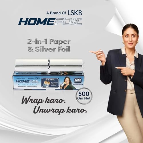 Image of HOMEFOIL 2-in-1 Paper & Silver Converted Aluminium Foil (500 Grams Net) for Packing | Keeps Food Fresh | Ideal for Wrapping, Storing and Serving | 33.06 Meter Net Guaranteed Length