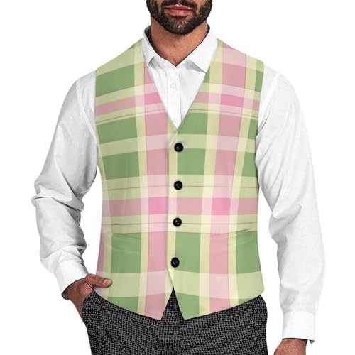 Green Pink Plaid Men's Suit Vests Dress Vest V-Neck Waistcoat Slim Business Formal with Pocket