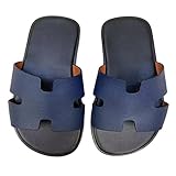 Mengchengying Mens Casual Comfortable Lightweight Fashion Genuine Leather Slip Slide Indoor and Outdoor Open Sandal Anti Slip Cushion Support(8, Blue, Numeric_8)