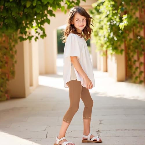 Girls Leggings, Capri Length with Lace Trim and Wide Waistband, Kids Teen Workout Running for Kids Teen Workout Running (Coffee, 12-13 Years)3