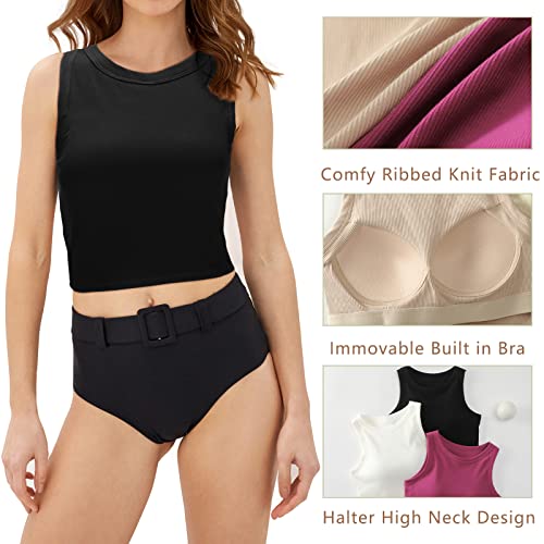 Image of Ibeauti 2 Pack Womens Crop Tank Top with Built in Bra Ribbed Padded Yoga Tank Tops (S, Black /Khaki)
