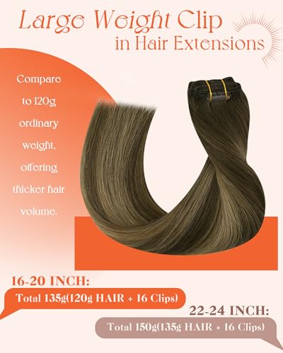 Image of Sunny Hair Clip in Hair Extensions Real Human Hair Brown Blonde 135g | Real Hair Clip in Extensions for Women 16 Inch, Add Volume with Natural Looking Hair for Festival Concert, Easy to Style