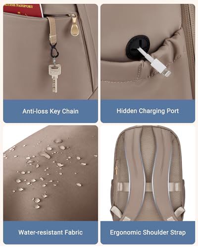 Image of LIGHT FLIGHT Travel Laptop Backpack Women, 15.6 Inch Laptop Backpack with USB Charging Hole, Water Resistant College Bookbag, Black Computer Backpacks for Work, Champagne