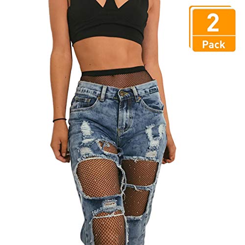 DancMolly Fishnet Stockings Pantyhose Women's 2 Pair High Waist Hollow Mesh Tights Legging Hosiery (Rhinestone/Black Small Hole,2 Pack, One Size) - Thumbnail 3