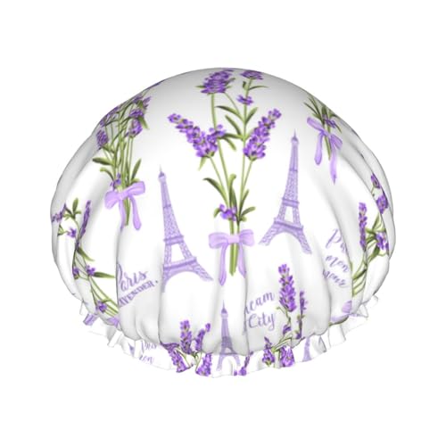 Hair Cap for Shower - Eiffel Tower purple Double Layer Shower Cap Reusable Waterproof, Large Shower Cap for Women, Hair Cap for Shower with Peva Lining and Elastic Rope
